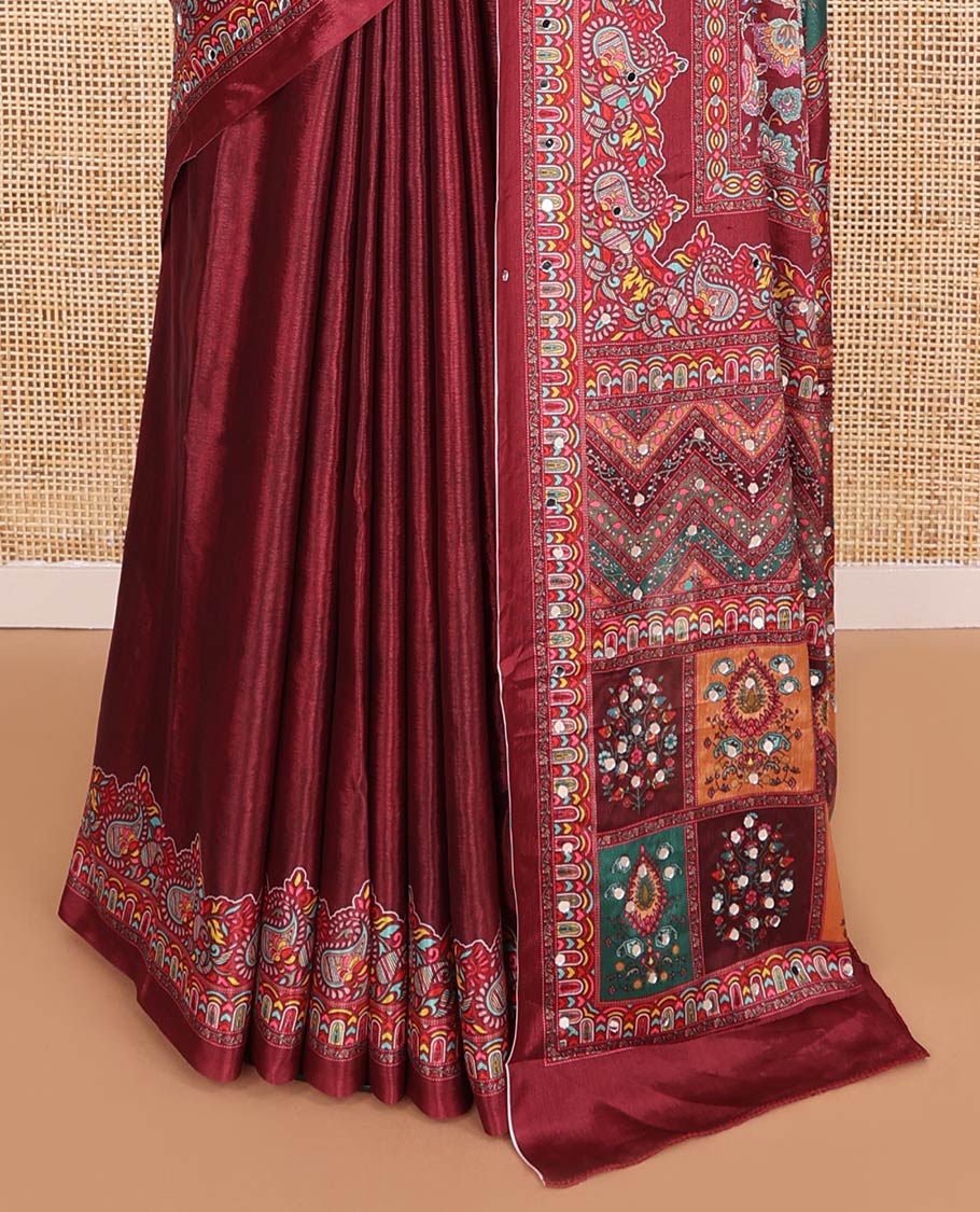 Multi-color printed, mirror work synon silk saree with printed border & printed rich pallu along with plain blouse
