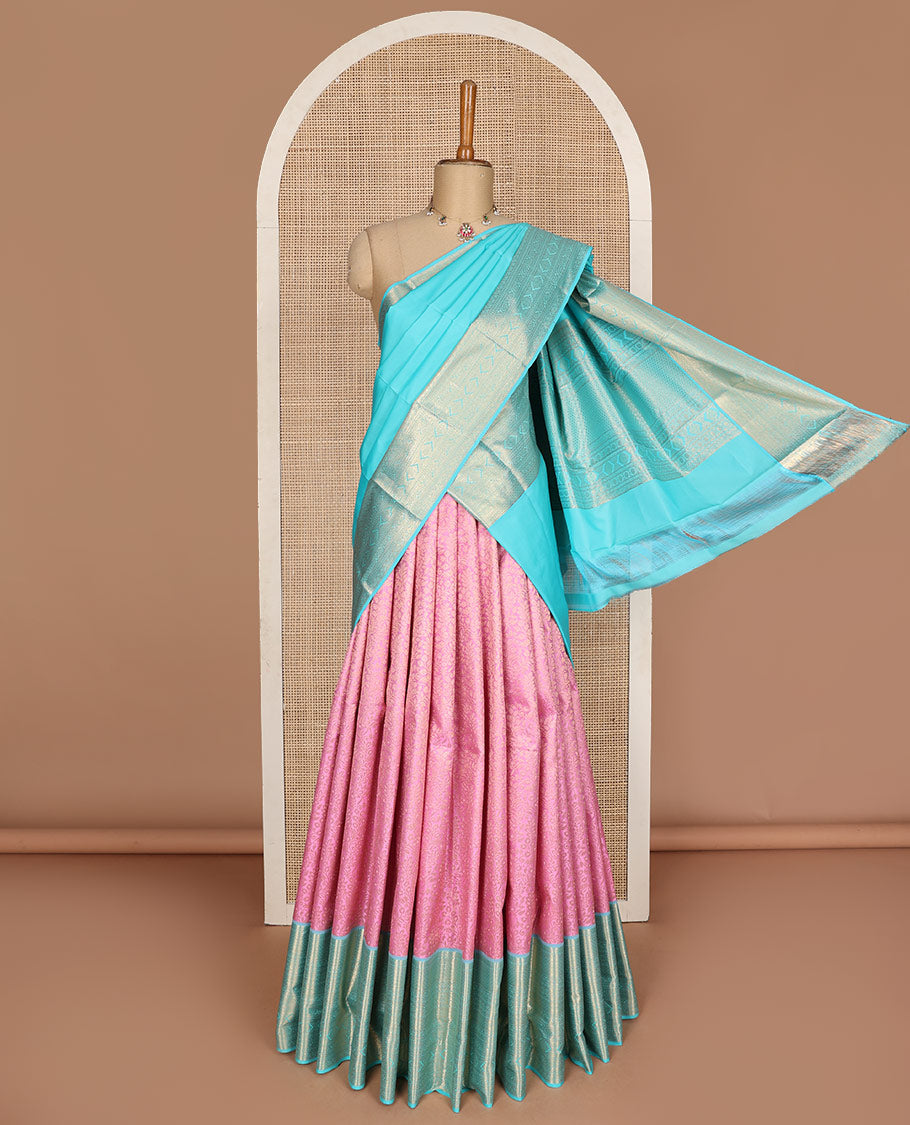 Pink pure silk half-saree, floral jacquard with contrast traditional zari bordered skirt, contrast zari design blouse, and zari design dhavani
