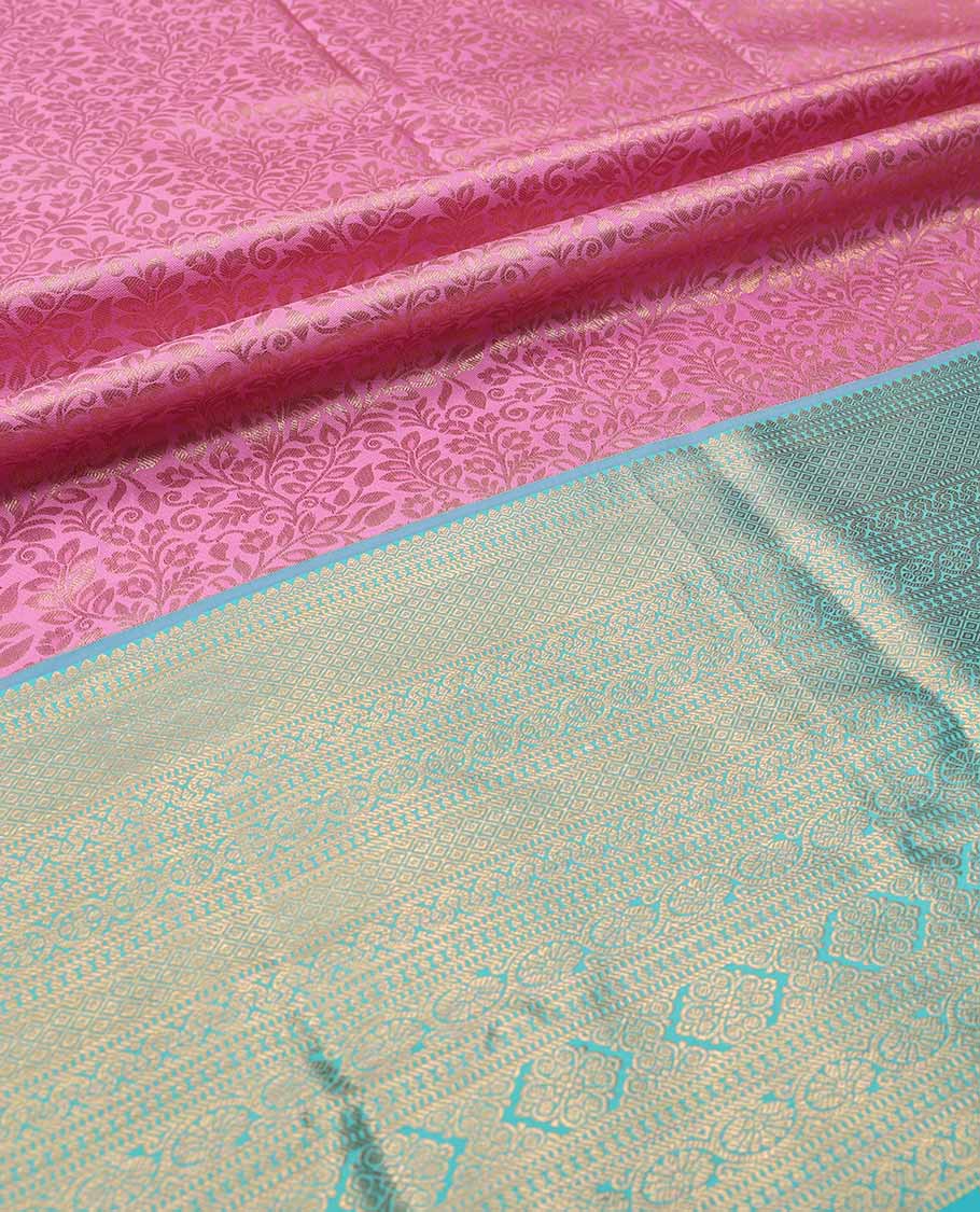 Pink pure silk half-saree, floral jacquard with contrast traditional zari bordered skirt, contrast zari design blouse, and zari design dhavani