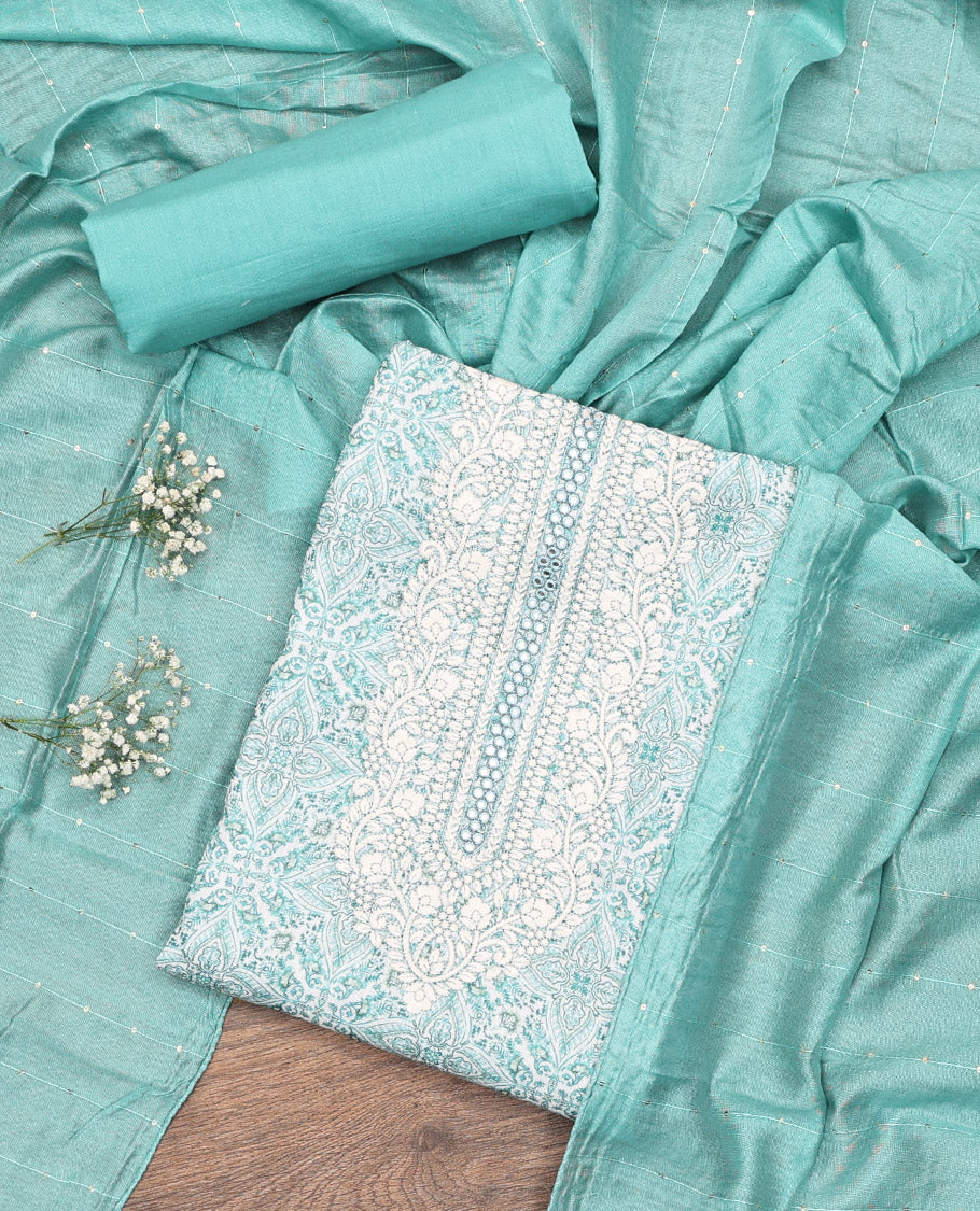 Off-White-Blue Material Chudidar Set, Adorned with Intricate Motifs Print, and Embroidery on Its Jute Cotton Top, a Plain Cotton Bottom, and Paired with Contrast Sequins Striped Chanderi Cotton Dupatta