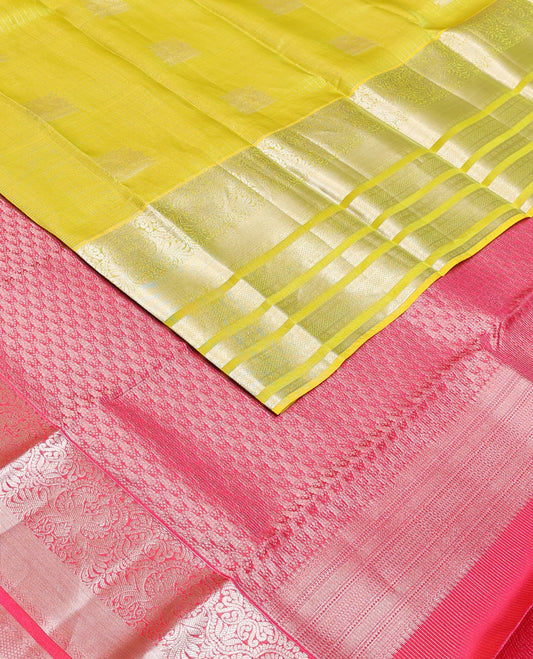 Yellow zari buttas Vasundhara silk mix saree, traditional zari big border & contrast zari woven pallu