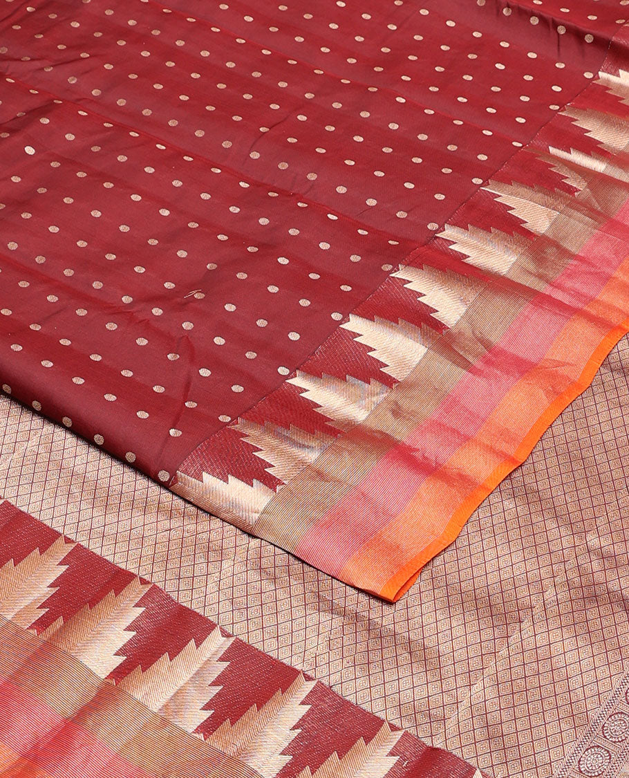 Maroon zari buttas vasundhara silk mix saree, contrast tri-colored striped thazampoo rekku border & jaal design pallu