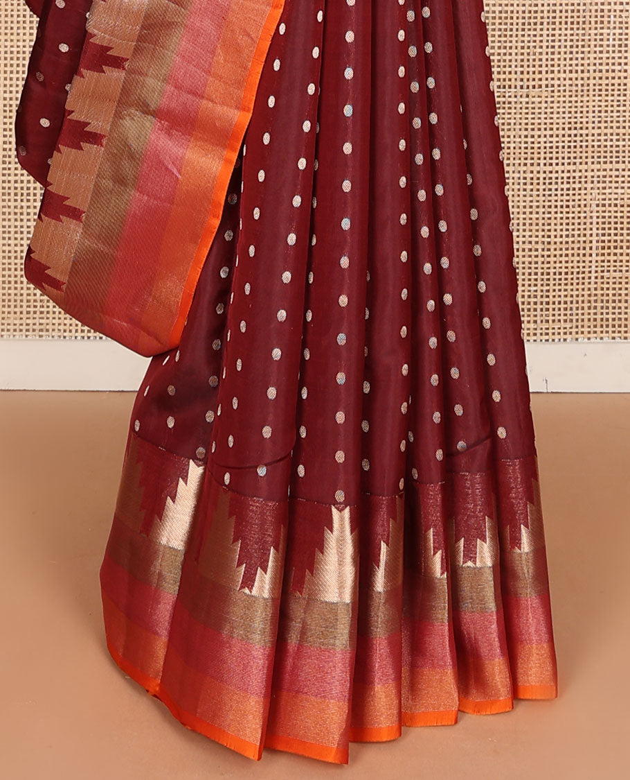 Maroon zari buttas vasundhara silk mix saree, contrast tri-colored striped thazampoo rekku border & jaal design pallu