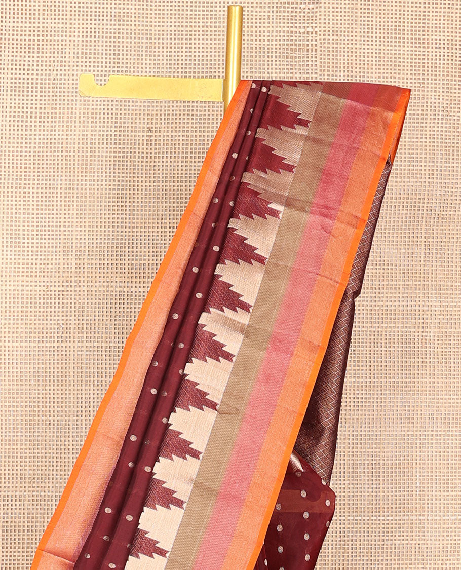 Maroon zari buttas vasundhara silk mix saree, contrast tri-colored striped thazampoo rekku border & jaal design pallu
