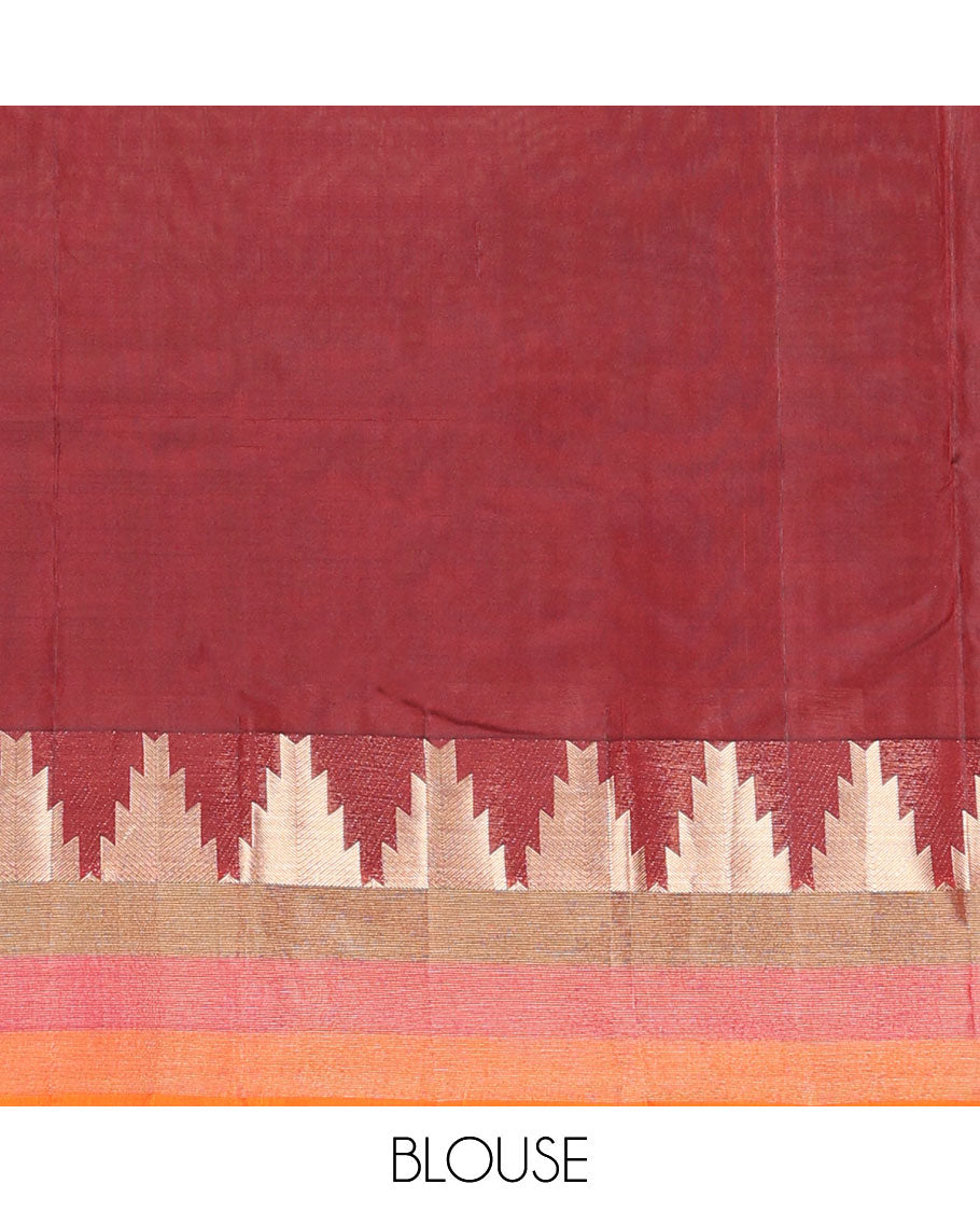 Maroon zari buttas vasundhara silk mix saree, contrast tri-colored striped thazampoo rekku border & jaal design pallu