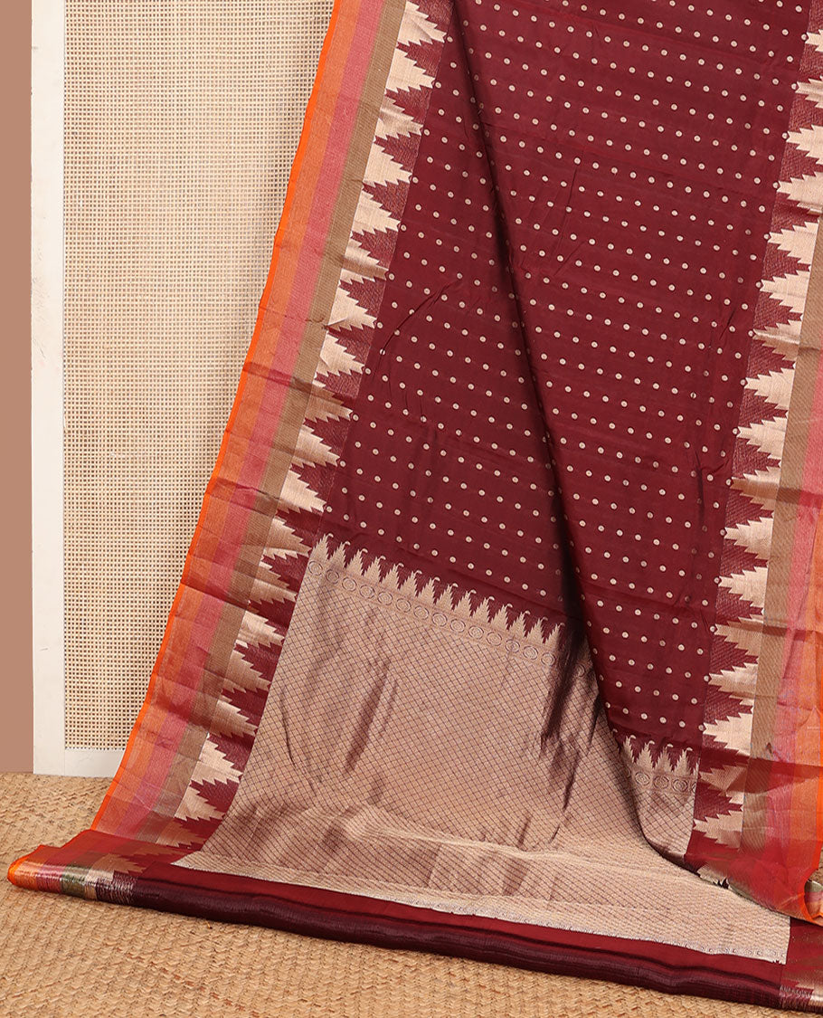 Maroon zari buttas vasundhara silk mix saree, contrast tri-colored striped thazampoo rekku border & jaal design pallu