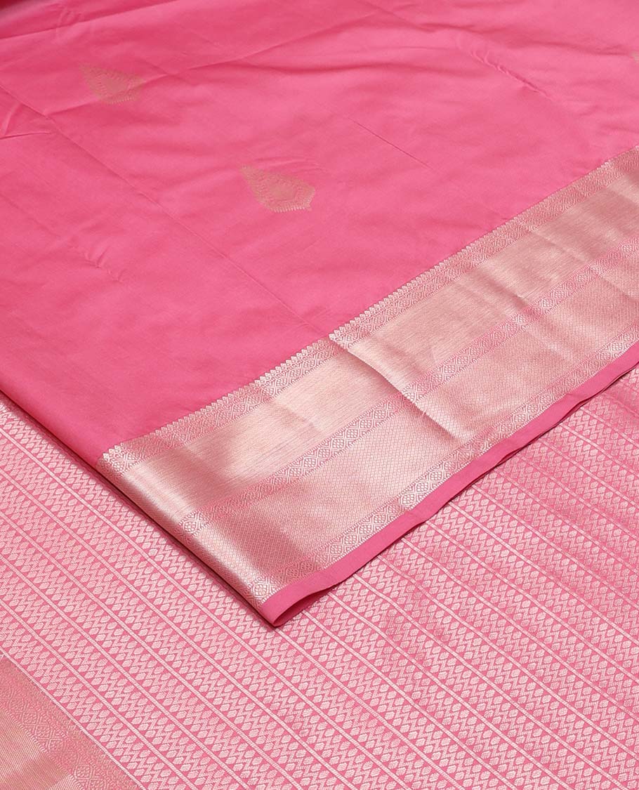 Pink zari buttas Vasundhara silk mix saree, zari border of thilakam mokku, muthu, ogee, and mayil kann, and neli striped pallu