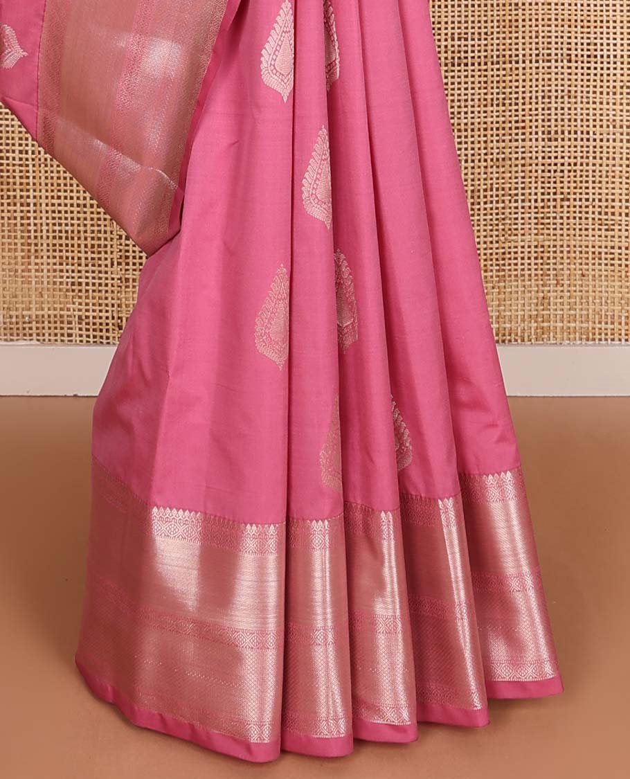 Pink zari buttas Vasundhara silk mix saree, zari border of thilakam mokku, muthu, ogee, and mayil kann, and neli striped pallu