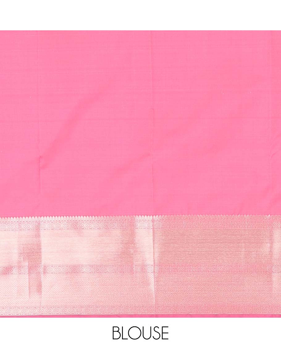 Pink zari buttas Vasundhara silk mix saree, zari border of thilakam mokku, muthu, ogee, and mayil kann, and neli striped pallu
