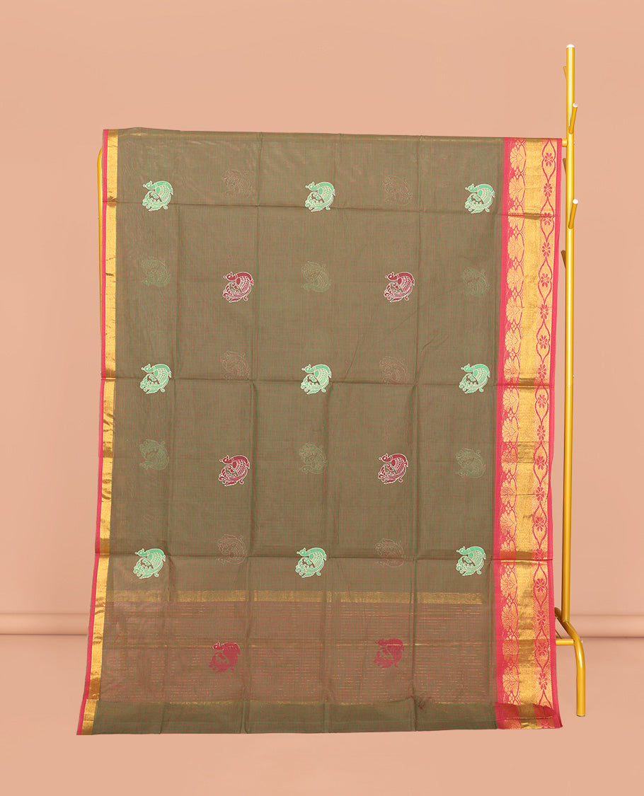 Green Venkatagiri Cotton Saree, Ornamented with Peacock Buttas and Checks, a Contrast Traditional Zari Border, Pallu of Stripes, and No Blouse
