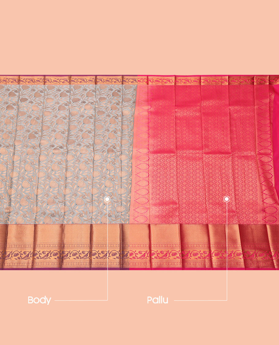 Grey Budget Silk Saree, Featuring Jacquard Design, Contrast Traditional Zari Border, Grand Jaal Pallu, and a Contrast Blouse