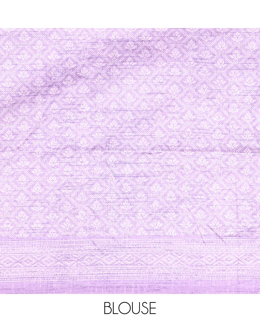 Grey and Lavender Semi-Tussar Saree Adorned with Vertical Stripes Printed Across the Body, Featuring a Contrast Paisley Motif Printed Border, an Intricately Designed Pallu of Jaal Design, and Paired with a Contrast Blouse