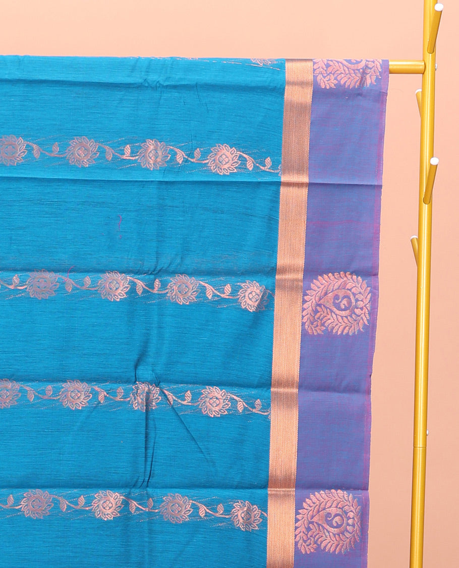 Blue Semi-Silk Cotton Saree, Artfully Detailed with Floral Creeper Design All Over Its Body, Complemented by a Contrast Paisley Zari Design Border, Pallu of Paisley Design, and Paired with a Matching Blouse