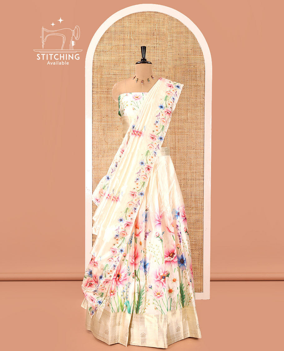 Cream Semi-Silk Half-Saree, Beautified with Colorful Floral Printed Skirt, Traditional Zari Border, a Matching Blouse, and a Floral Printed Semi-Silk Dhavani