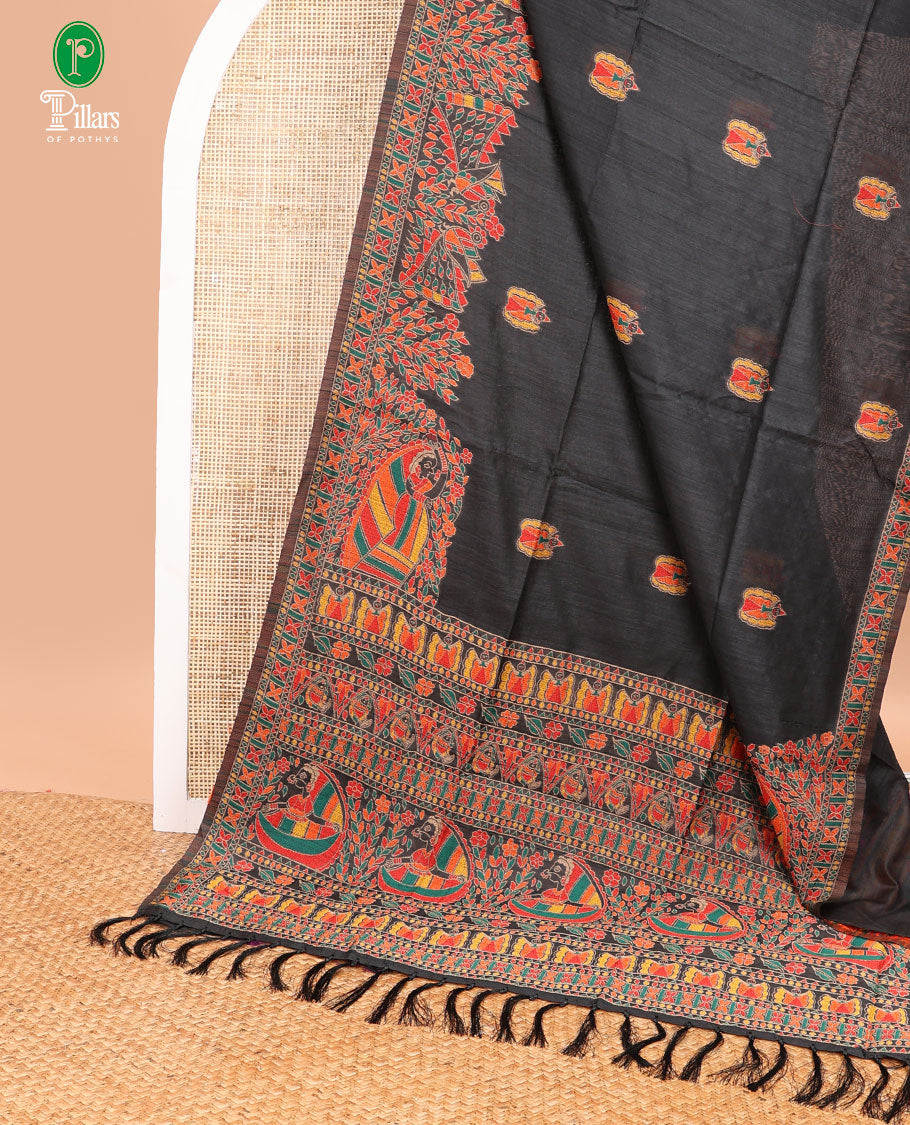 Black madhubani butta embroidery banarasi jute silk saree with madhubani design thread embroidery border & madhubani design thread embroidery, embroidery blouse