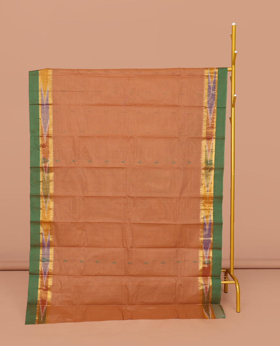 Brown Kanchi Cotton Saree, Embellished with Buttas All Over Its Body, Complemented by a Contrast Ikat Border, Pallu of Tree Designs, and Paired with a Matching Blouse