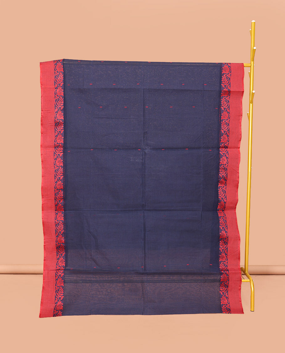 Navy Blue Bengal Cotton Saree, Woven with Buttas, a Contrast Floral Creeper Border, Pallu of Stripes and Buttas, and a Matching Blouse