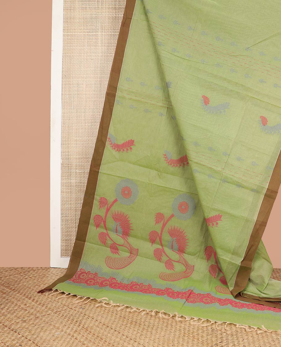 Light green motifs coimbatore cotton saree with contrast border & floral design pallu