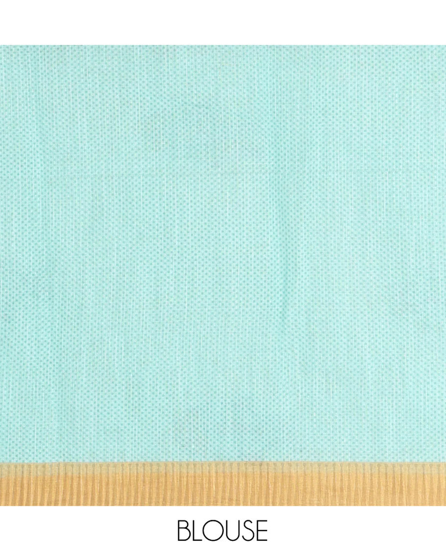 Borderless Cream and Mustard Linen Cotton Saree, Bedecked with Half-and-Half Style Fish Motifs Printed All Over Its Body, Pallu Mirrors the Same Print, and Is Paired with a Contrast Blouse