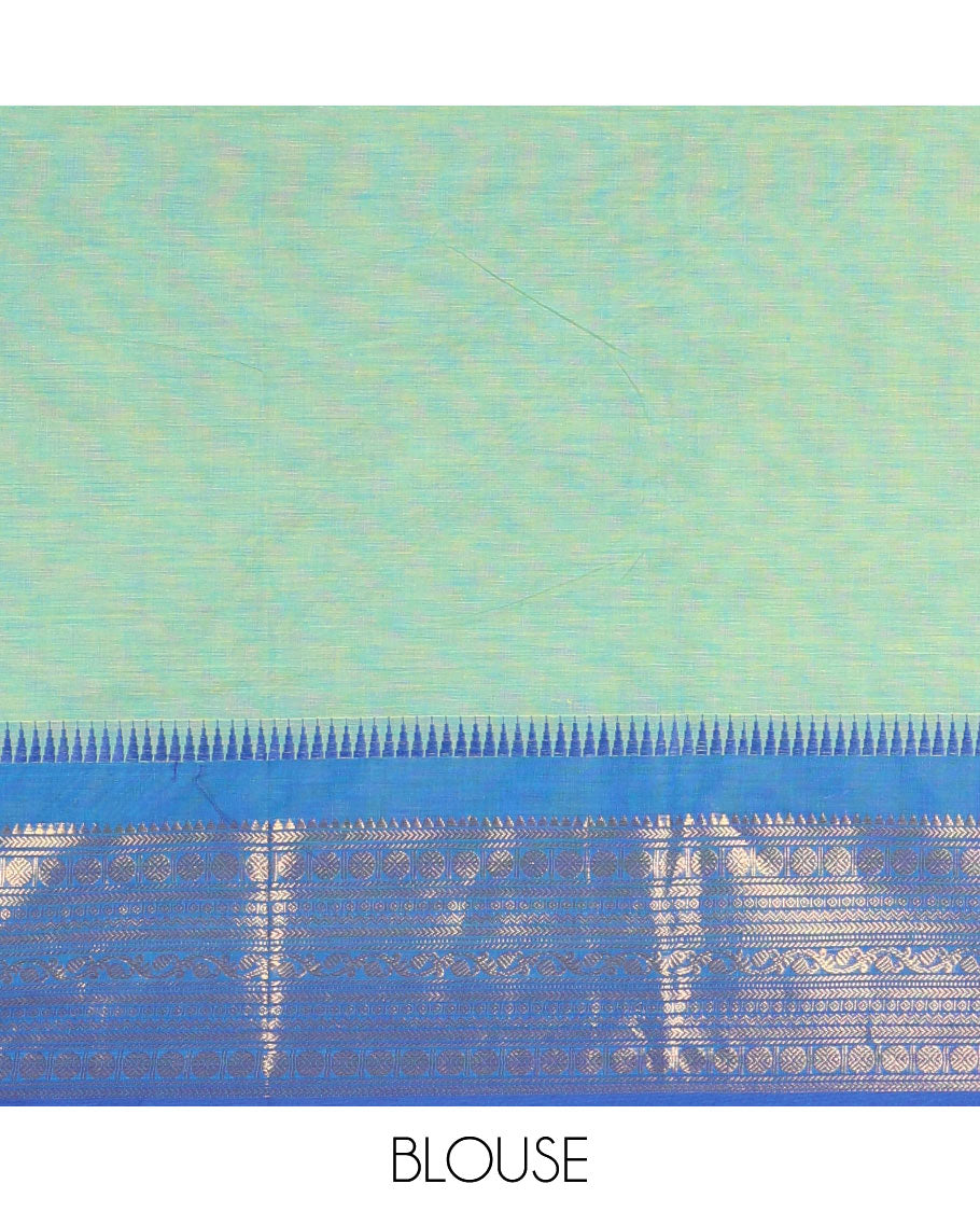 Blue-Green Double-Shade Plain Chettinad Cotton Saree, Complemented by Contrast Border Steeped with Traditional Zari Designs, Subtly Striped Pallu, and Paired with a Matching Blouse