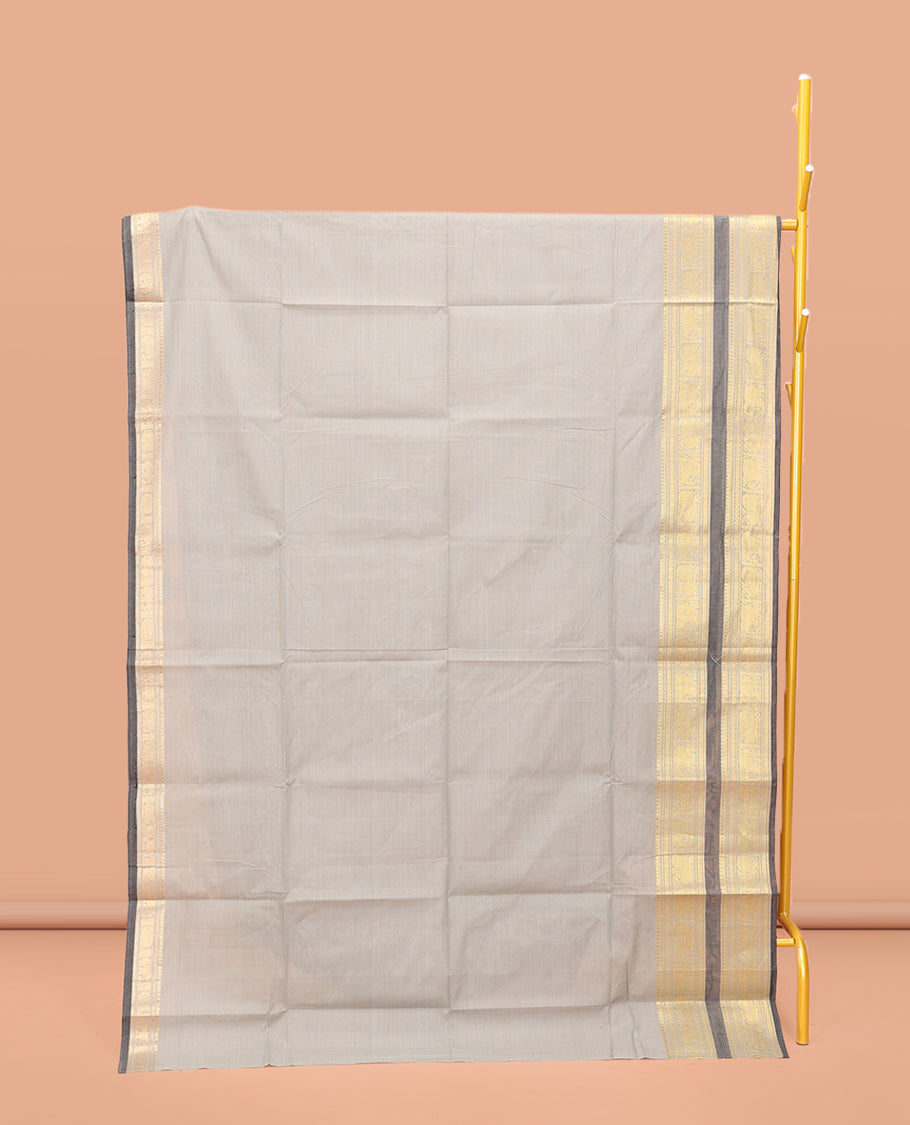 Light Grey Plain Chettinad Cotton Saree, Complemented by a Contrast Traditional Design Border, Pallu of Stripes, and Paired with a Matching Blouse