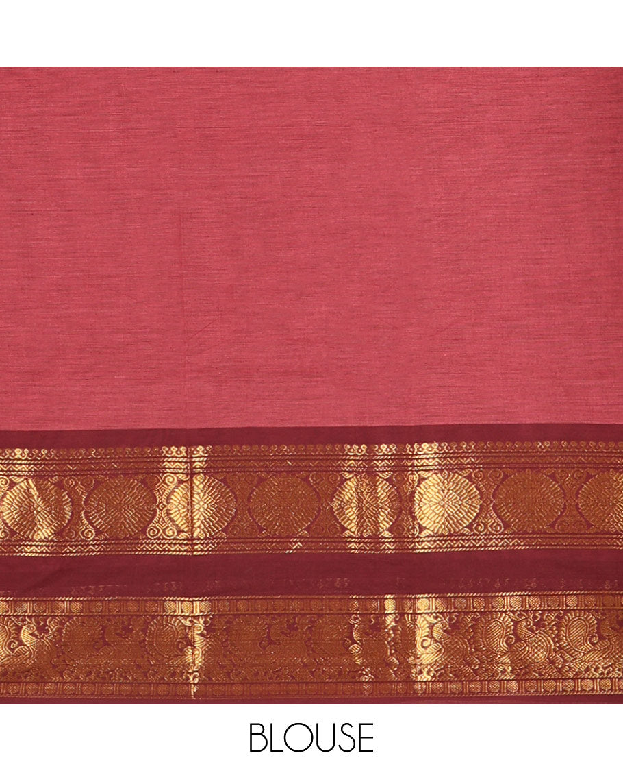 Reddish Brown Plain Chettinad Cotton Saree, Complemented by a Contrast Traditional Zari Border of Peacock-Chakram Designs, Subtly Striped Pallu, and Paired with a Matching Blouse