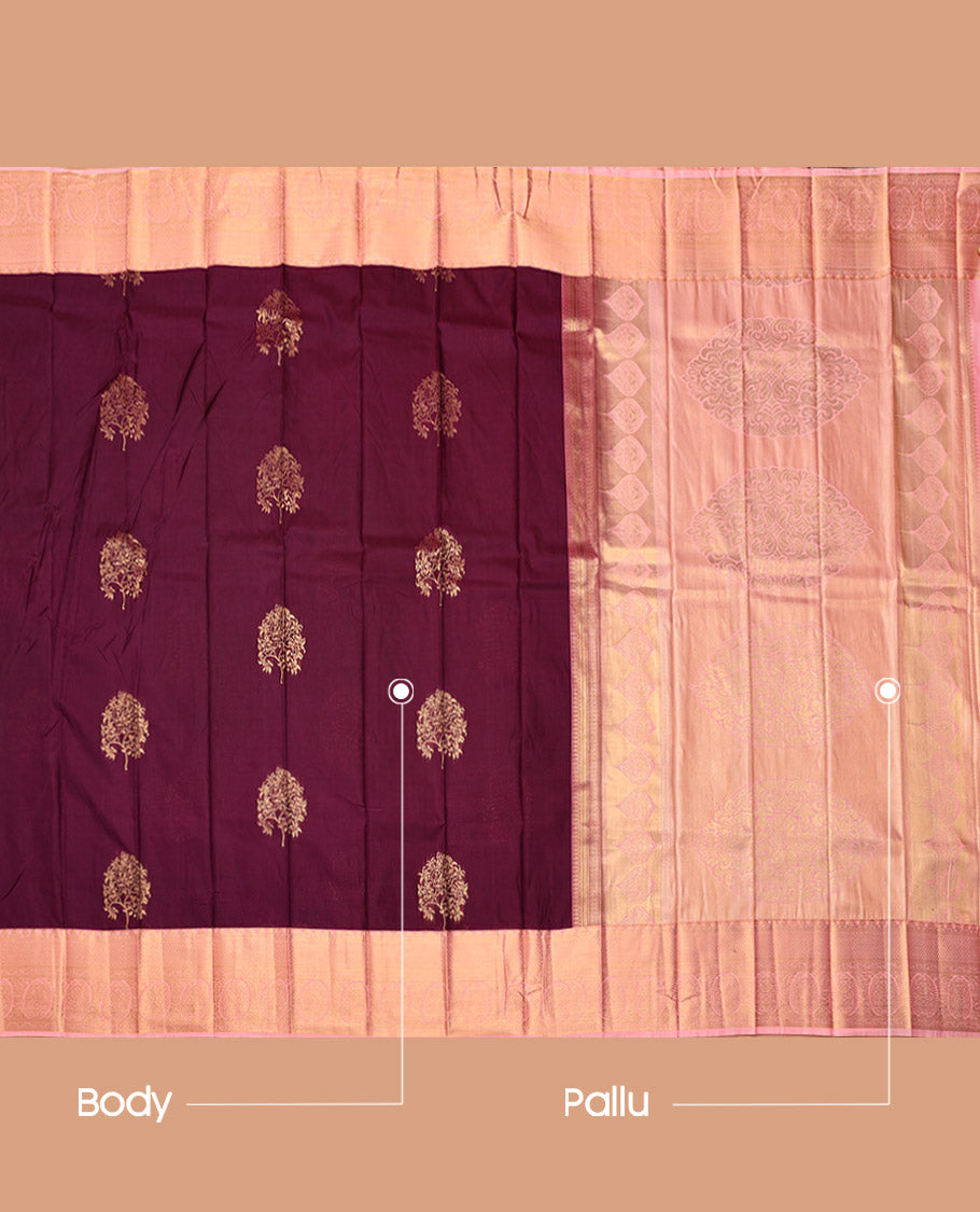 Brown Budget Silk Saree, Enriched with Tree Buttas, Complemented by a Contrast Traditional Zari Border, Grand Pallu, and a Contrast Blouse