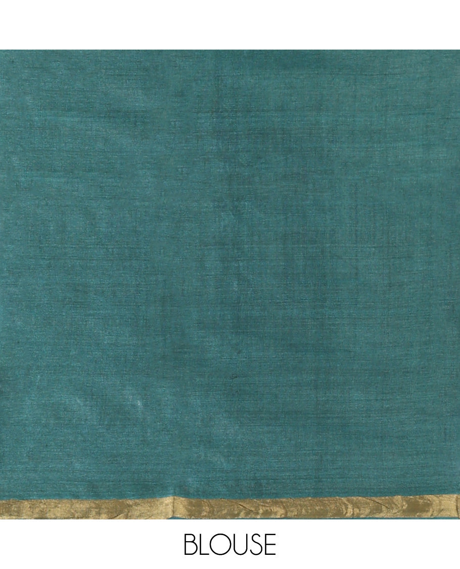 Green Tussar Saree, Showcasing Floral Buttas, a Subtle Zari Border, Pallu of Polka Dot and Floral Designs, and a Matching Blouse