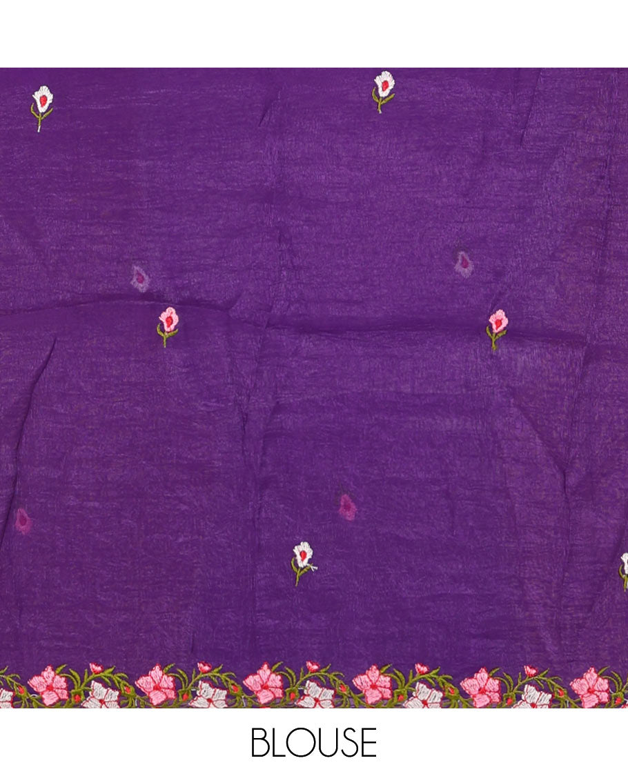 Parrot green full-plain crunchy crushed saree, scallop floral creeper thread embroidered border, and floral embroidered matching blouse