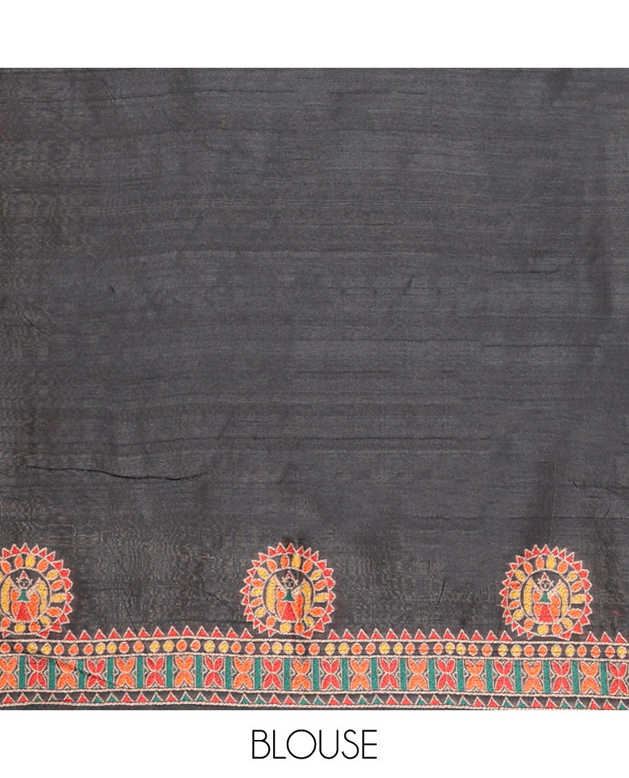 Black madhubani butta embroidery banarasi jute silk saree with madhubani design thread embroidery border & madhubani design thread embroidery, embroidery blouse