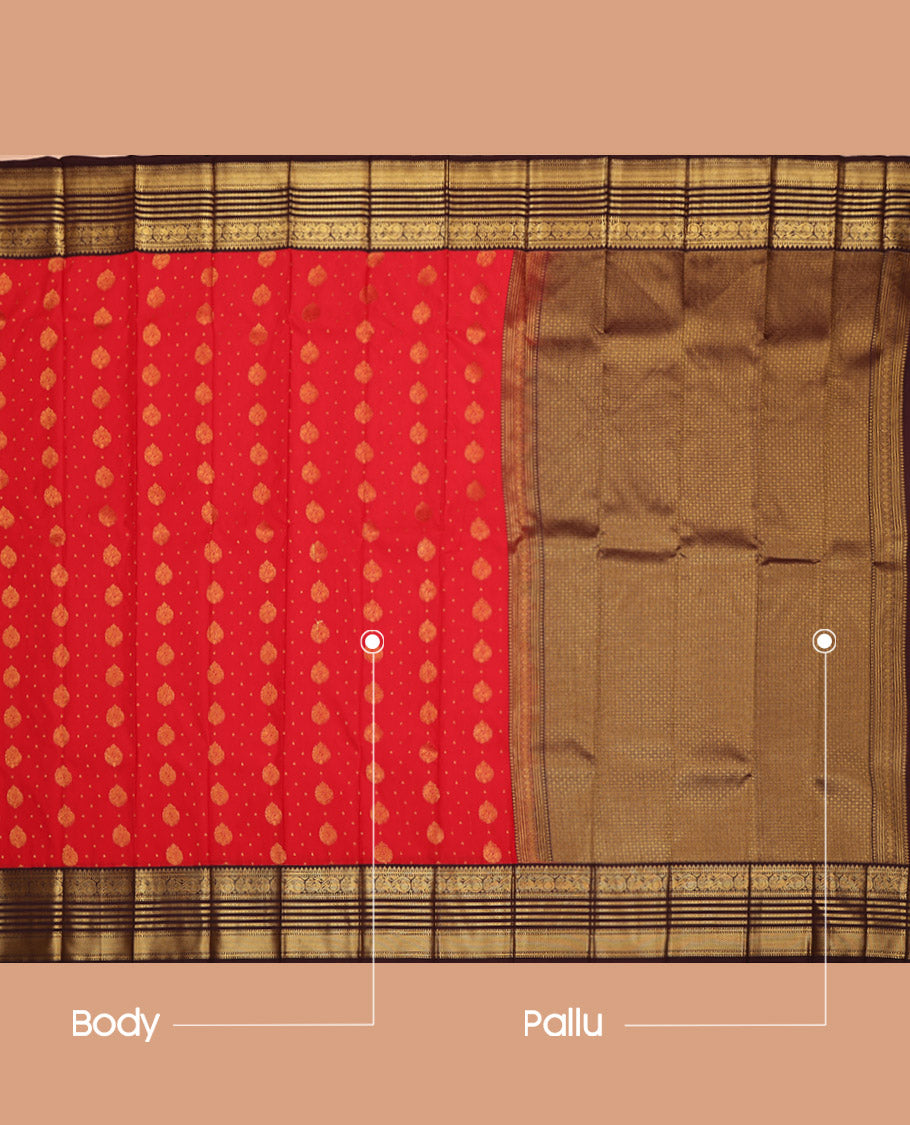 Red Budget Silk Saree, Embellished with Zari Buttas on Its Body, Complemented by a Contrast Traditional Zari Border, Grand Jaal Pallu, and Paired with a Contrast Blouse