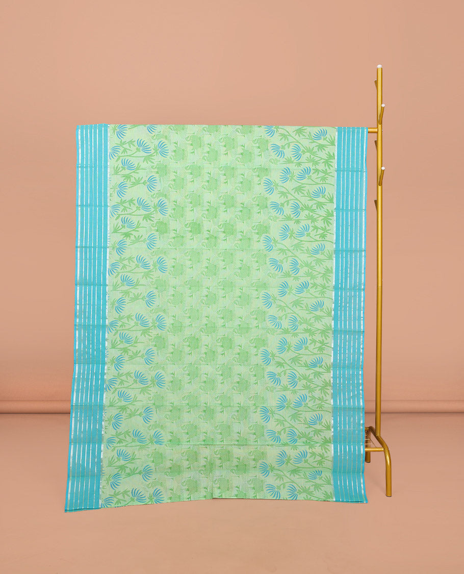 Mint Green Chirala Cotton Saree, Decked Up with Swan and Floral Print, Contrast Striped Border, Floral Printed Pallu, and a Matching Blouse