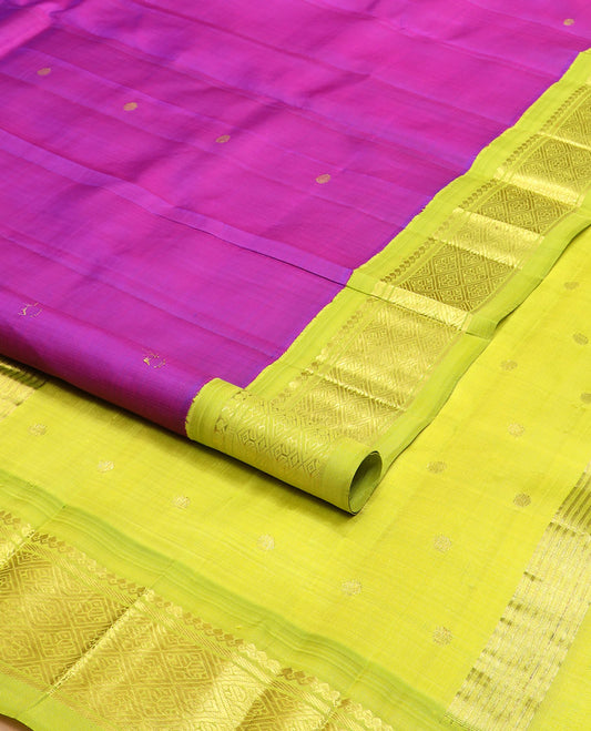 Purple zari buttas kanchipuram silksaree, contrast one-sided korvai border of salngai,banaras, & jaal design & zari design pallu
