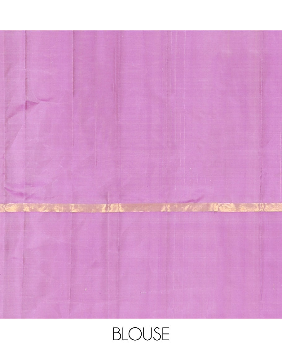 Borderless Purple-Ivory-Peach Kanchipuram Silk Saree with Three-Part Tri-Colors and Horizontal Zari Stripes, Saree Paired with a Matching Blouse