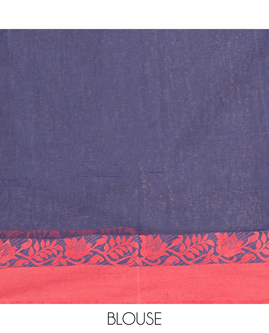 Navy Blue Bengal Cotton Saree, Woven with Buttas, a Contrast Floral Creeper Border, Pallu of Stripes and Buttas, and a Matching Blouse