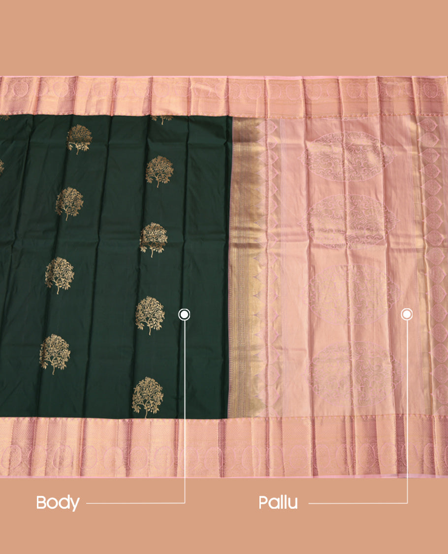 Black Budget Silk Saree, Richly Decked Up with Tree Motifs, Contrast Traditional Zari Border, Grand Pallu and a Contrast Blouse