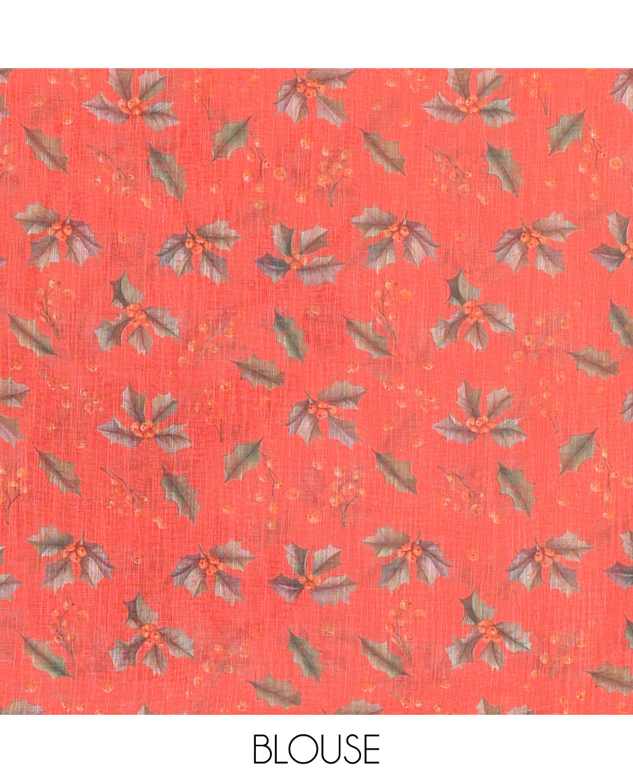 Borderless white Christmas-theme Jingle bells, and reindeer motifs printed linen cotton saree, Chirtmas theme digital printed pallu, and a cherry motifs printed blouse