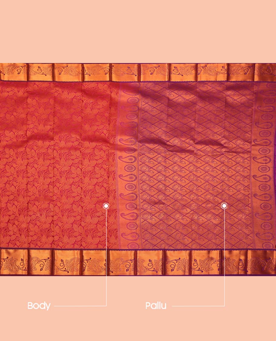 Red Budget Silk Saree, Detailed with a Floral Vine Design, Complemented by a Contrast Floral Creeper Zari Border, Grand Jaal Pallu, and a Contrast Blouse