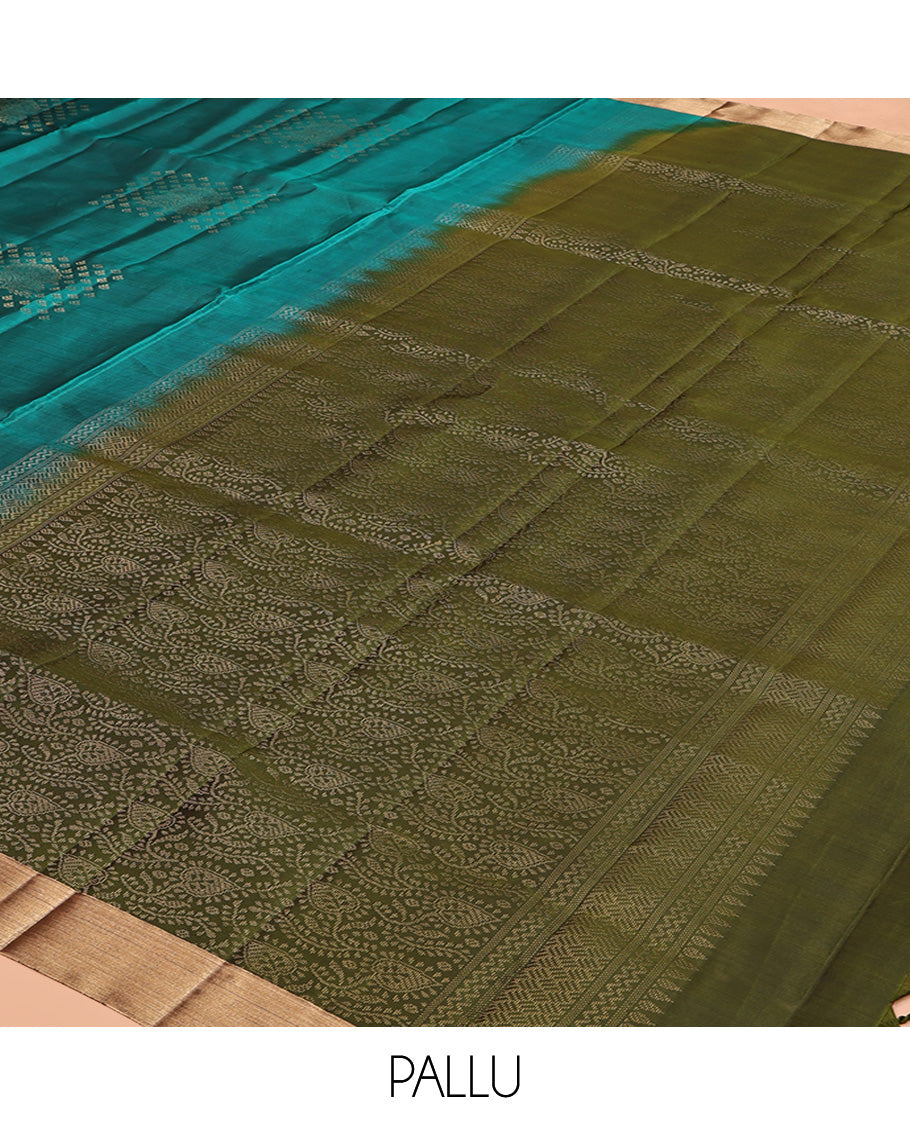 Green Mayuri Lite Silk Mix Saree, Detailed with Buttas All Over Its Body, Highlighted by a Zari Bavanji Border, Pallu of Intricate Designs, and Paired with a Contrast Blouse