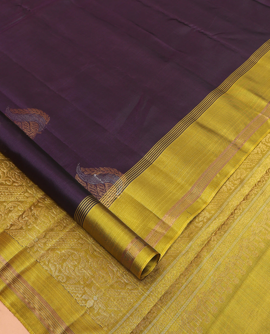 Dark Eggplant Purple Mayuri Lite Silk Mix Saree, Woven with Zari Buttas, Complemented by a Contrast Zari Butta Woven Border, Grand Pallu, and a Contrast Blouse