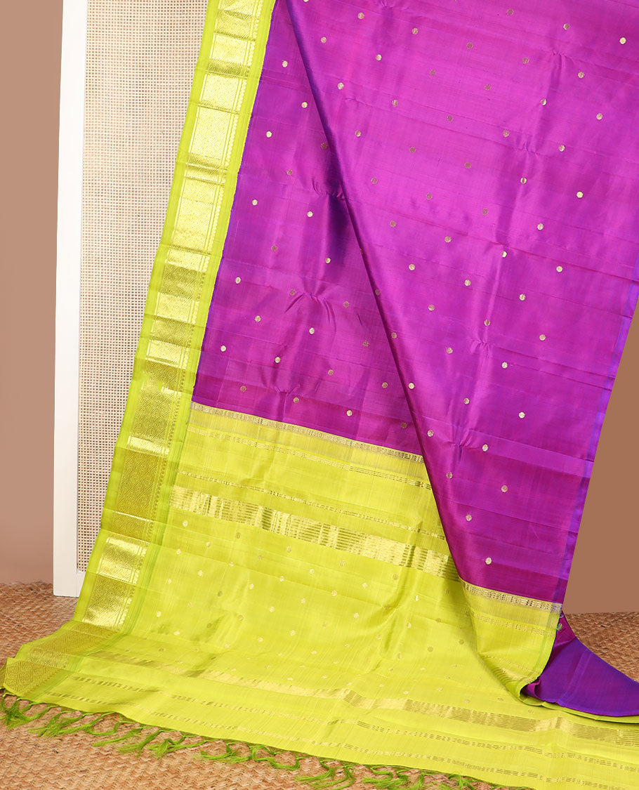 Purple zari buttas kanchipuram silksaree, contrast one-sided korvai border of salngai,banaras, & jaal design & zari design pallu