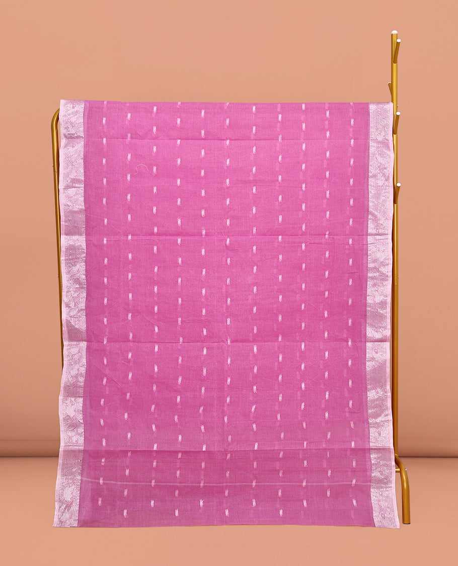 Pink Bengal Cotton Saree, Embellished with Buttas All Over Its Body, Complemented by a Contrast Paisley Zari Design Border, Pallu of Stripes, and Paired with a Matching Blouse