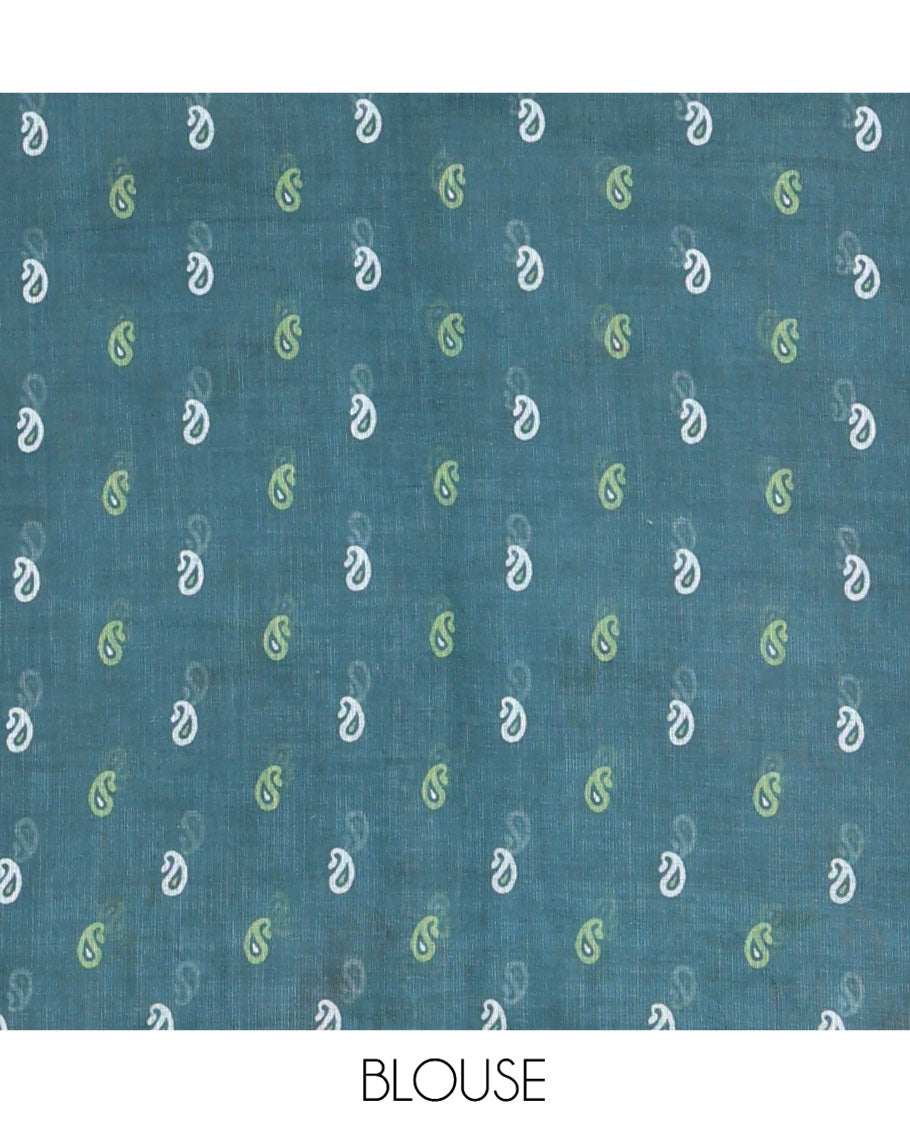 Sea Green Linen Cotton Saree, Adorned with Floral Vine Print and Mirror Work On Its Body, Subtle Piping Border, Pallu Steeped with Stripes, and Comes With a Contrast Blouse