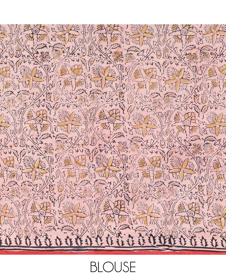 Red floral design machine-printed kalamkari cotton saree with contrast floral design border & intricate floral design pallu