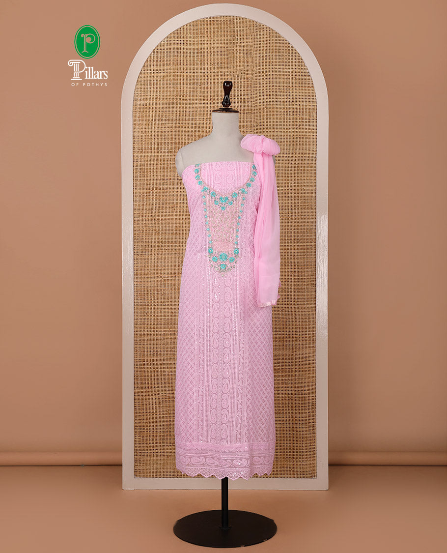 Pink chudidar material set,Lucknowi Chikankari embroidered & neckwork georgette top,crepe plain bottom, & chiffon plain dupatta