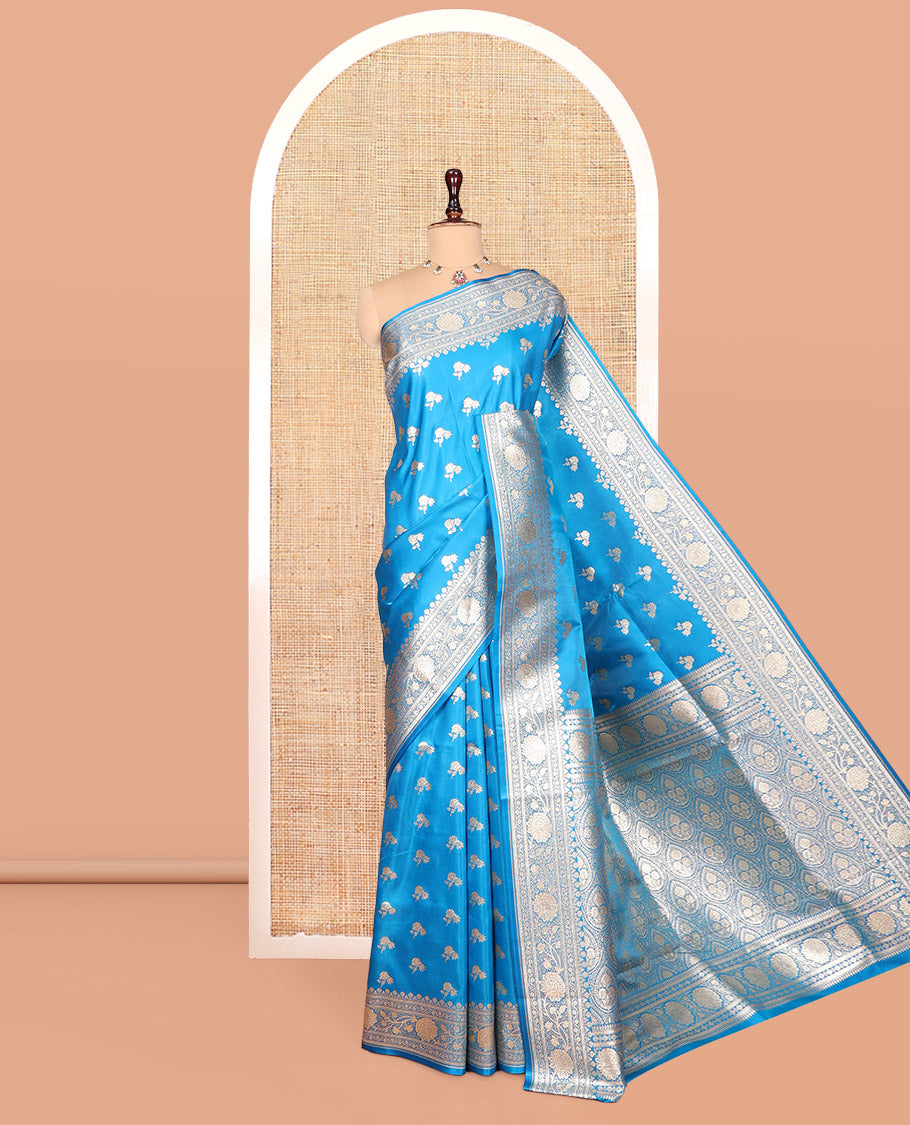 Blue Banarasi Nylon Saree, Graced with Buttas, Floral Creeper Zari Border, Intricate Pallu, and a Matching Blouse