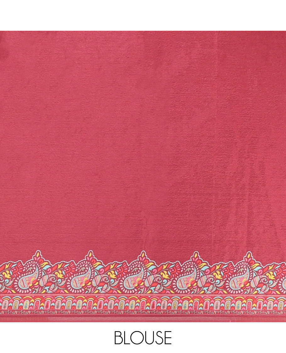 Multi-color printed, mirror work synon silk saree with printed border & printed rich pallu along with plain blouse