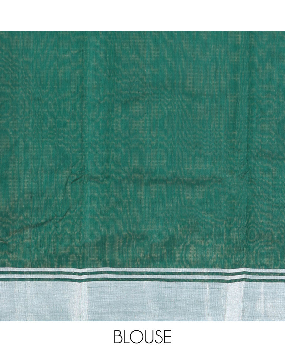 Dark green floral design chanderi cotton saree with self zari border & striped pallu