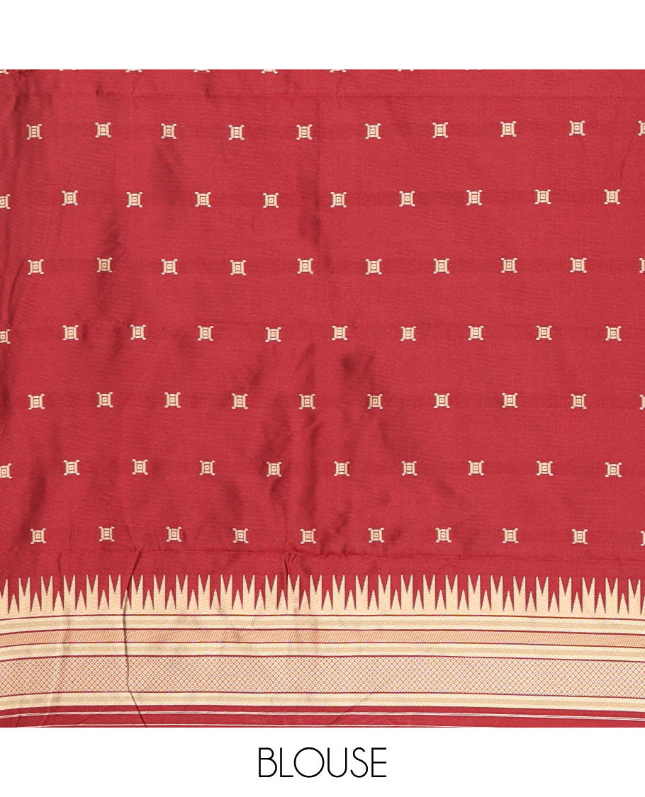 Chikku Kanchi Silk Saree, Subtly Woven with Flower Buttas All Over Its Body, Complemented by a Contrast Temple Border, Pallu Mirrors the Same Floral Motifs, and Paired with a Contrast Blouse