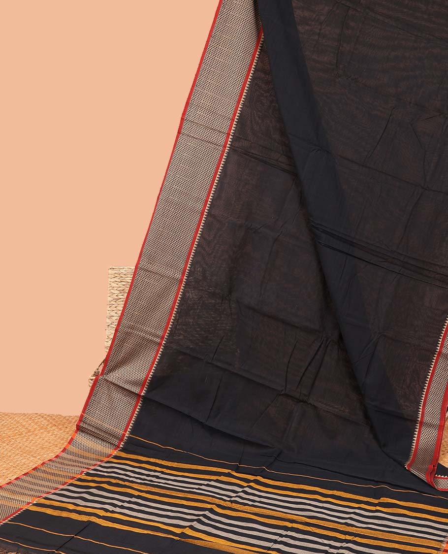 Black plain Narayanapet cotton saree, contrast traditional design border & striped pallu